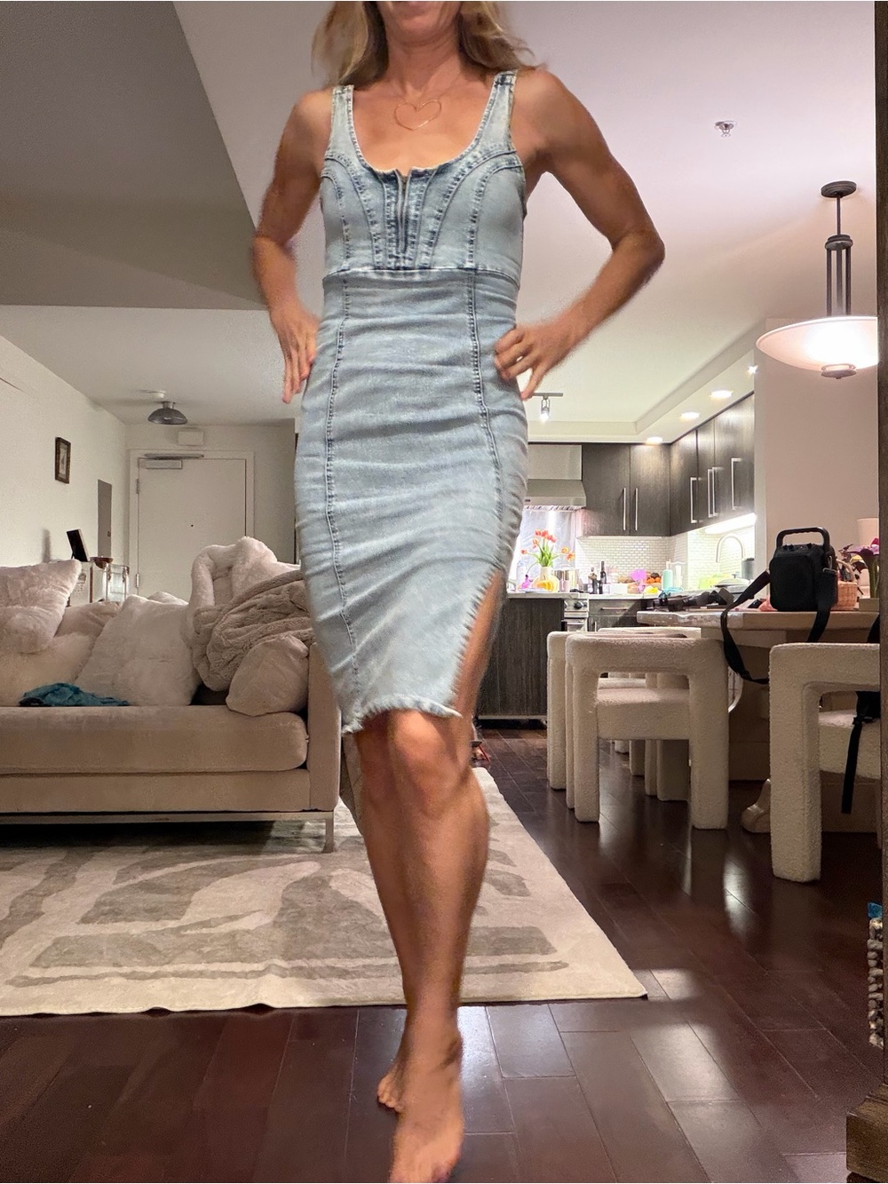 Vintage Light Wash Denim Bodycon Dress with Side Slit